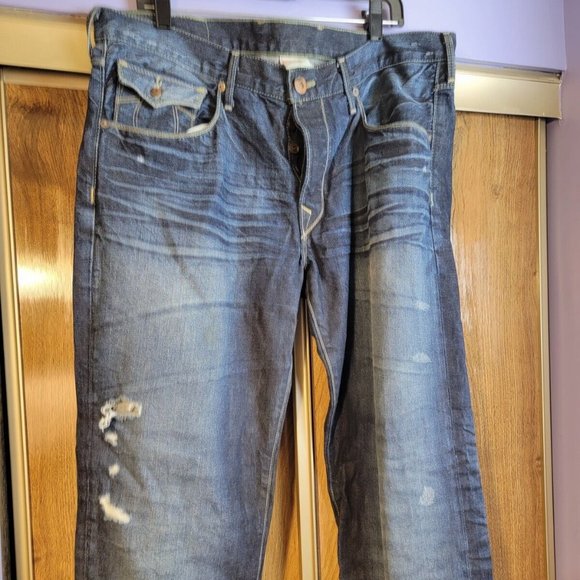True Religion Distressed Jeans Mens Size 38X35 Blue 5-Pocket Design Straight Leg